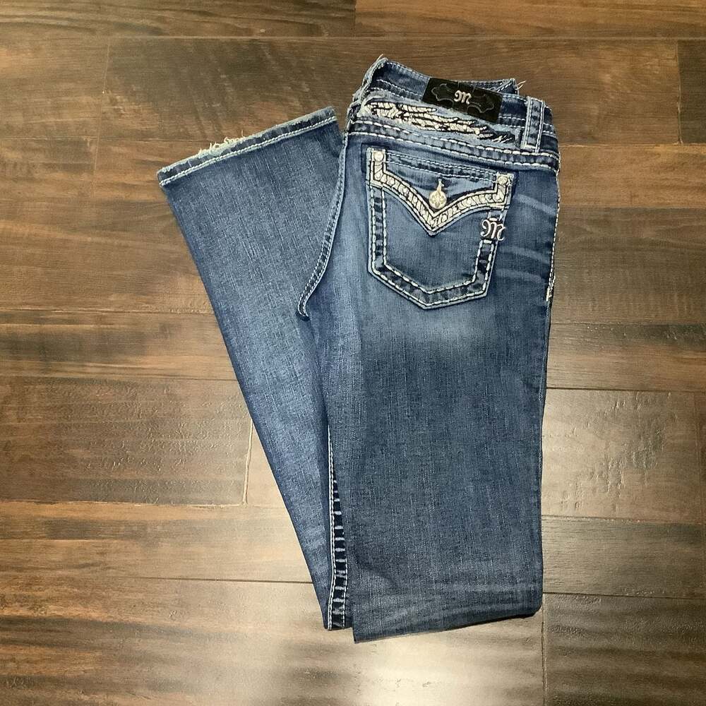 Miss Me Women's Mid-Rise Embellished Flap Pocket Bootcut Jeans Size 28